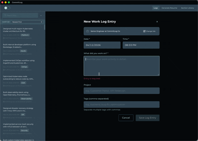 Adding a work log entry in CommitLog