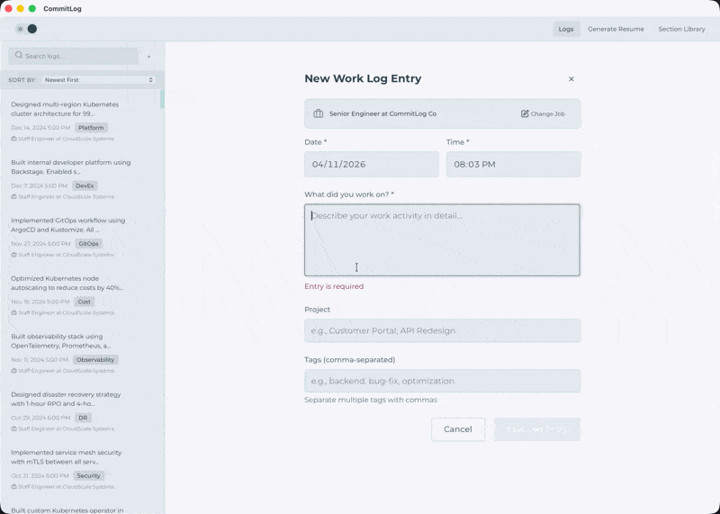 Adding a work log entry in CommitLog