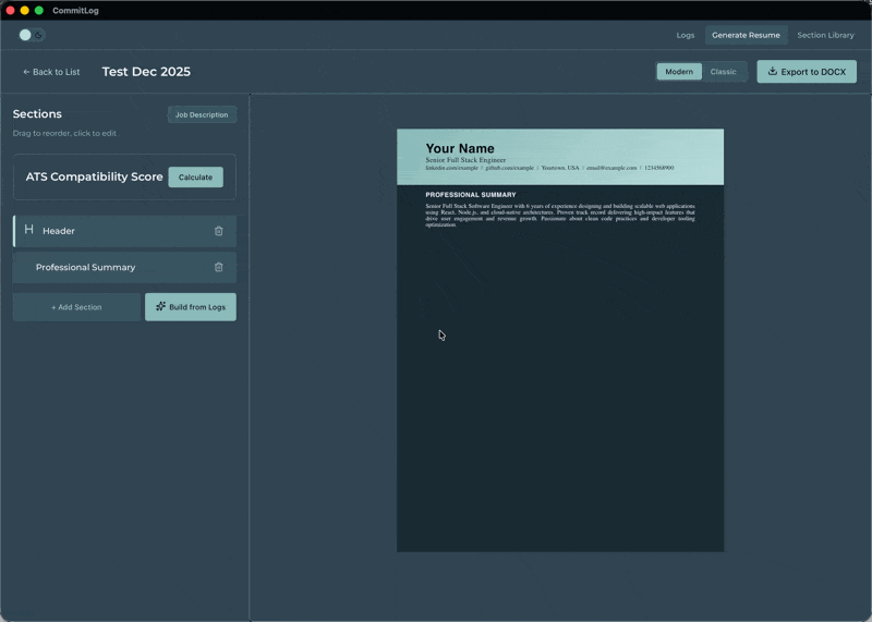 CommitLog generating resume experience bullets from saved logs