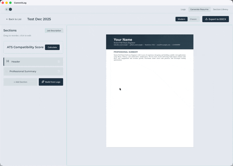 CommitLog generating resume experience bullets from saved logs