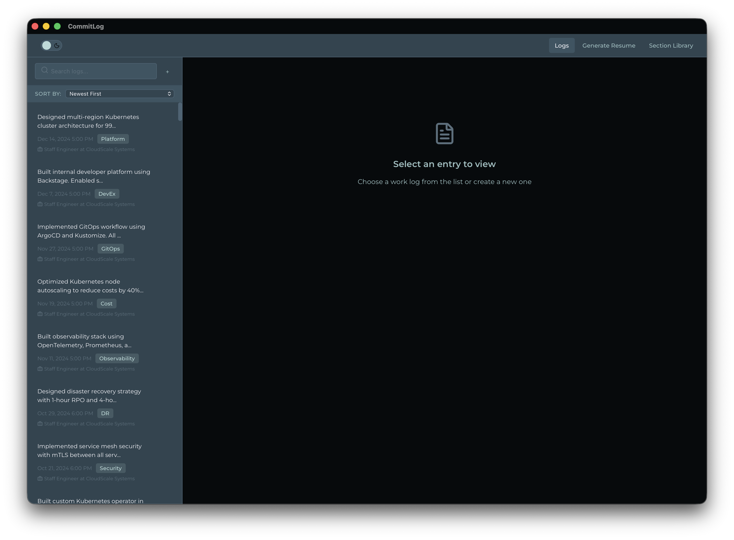 CommitLog app screenshot showing git activity transformed into resume bullet points