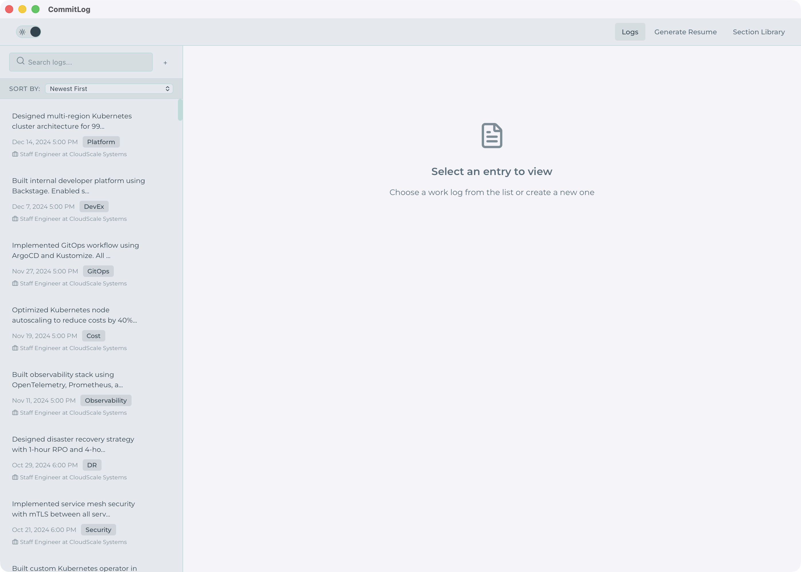 CommitLog app screenshot showing git activity transformed into resume bullet points